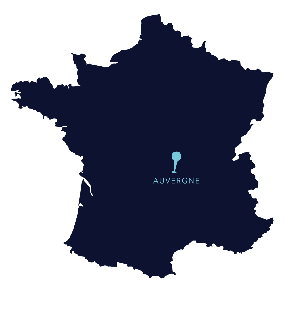 Carte de France avec localisation du showroom Aqua éruptions en Auvergne
