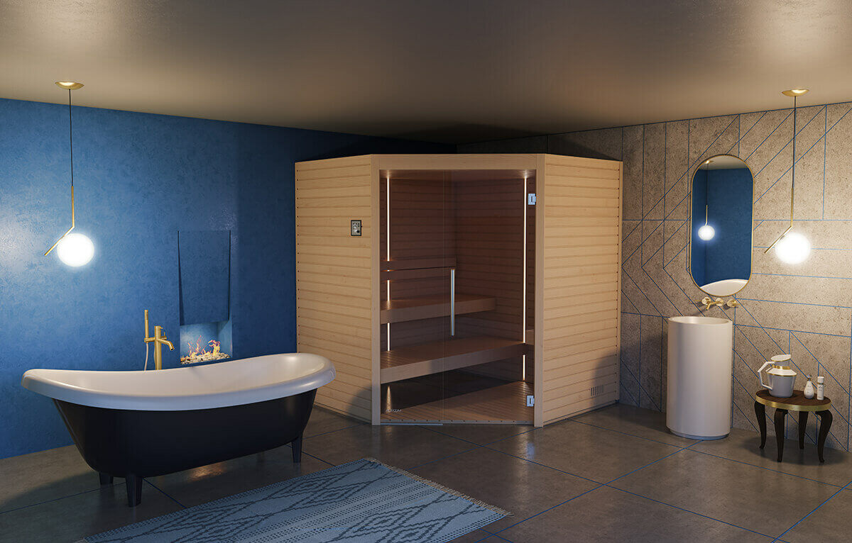 Sauna intérieur Varia vendu par Aqua éruptions, mis en situation dans une salle de bain