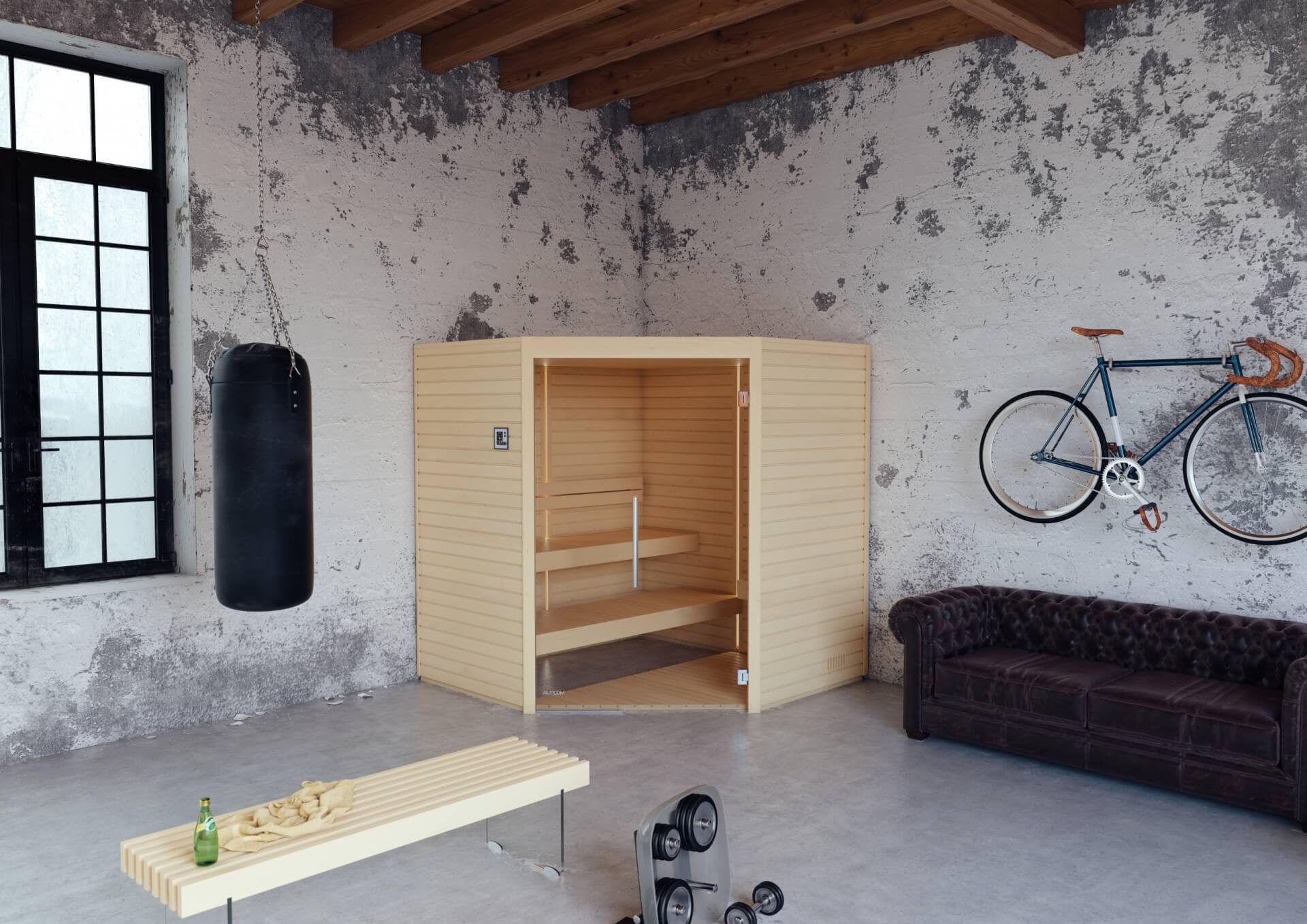 Sauna intérieur Varia vendu par Aqua éruptions, mis en situation dans une salle de sport